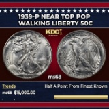 1939-p Walking Liberty Half Dollar Near Top Pop 50c ms68 SEGS