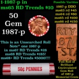 BU Shotgun Lincoln 1c roll, 1987-p 50 pcs Bank Wrapper 50c