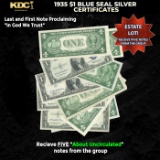 5x 1935 $1 Blue Seal Silver Certificates Grades AU