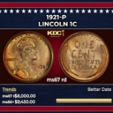 1921-p Lincoln Cent 1c ms67 rd SEGS
