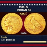 1910-d Gold Indian Half Eagle $5 ms64 USCG