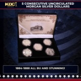 5x Coin Consecutive MORGAN Set 1884-1888-p ALL UNC, 5 Morgan Dollars From Philly