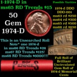 BU Shotgun Lincoln 1c roll, 1974-d 50 pcs Bank Wrapper 50c