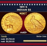 1911-s Gold Indian Half Eagle $5 ms63+ USCG
