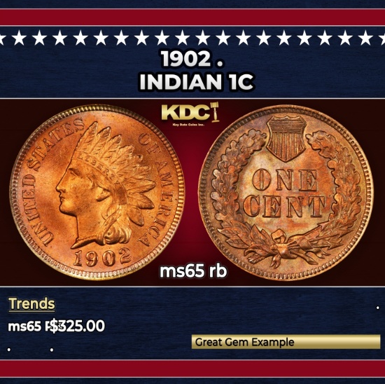 1902 Indian Cent . 1c Grades ms65 rb
