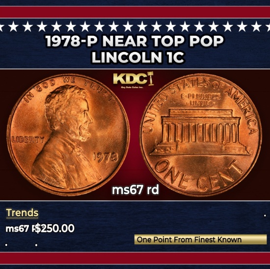 1978-p Lincoln Cent Near Top Pop 1c ms67 rd SEGS