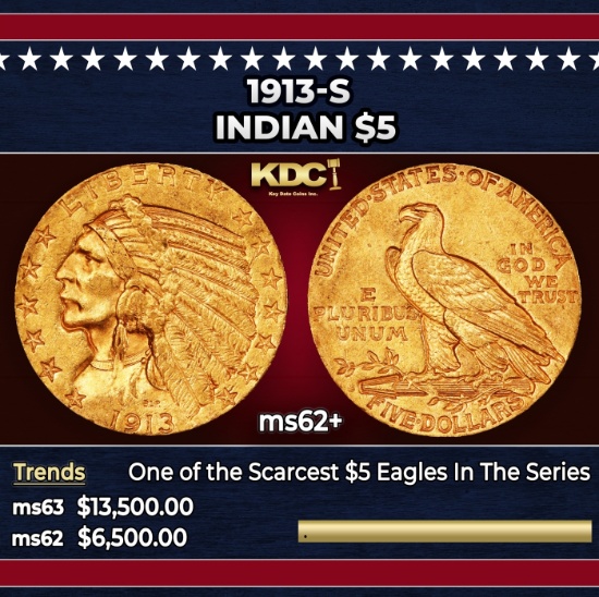 1913-s Gold Indian Half Eagle $5 ms62+ USCG