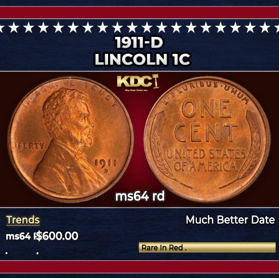1911-d Lincoln Cent 1c Grades ms64 rd