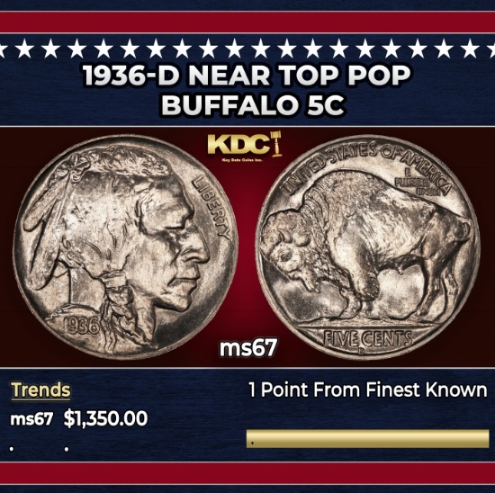 1936-d Buffalo Nickel Near Top Pop 5c ms67 SEGS