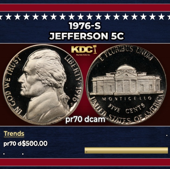 1976-s Proof Jefferson Nickel 5c pr70 dcam SEGS
