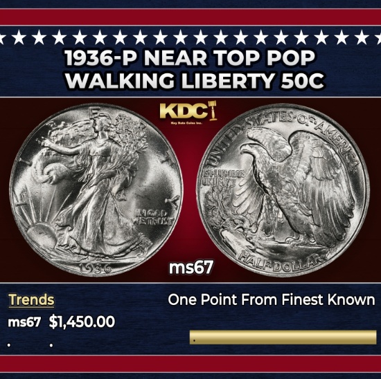 1936-p Walking Liberty Half Dollar Near Top Pop 50c ms67 SEGS