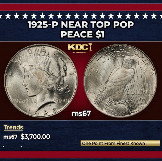 1925-p Peace Dollar Near Top Pop $1 ms67 SEGS