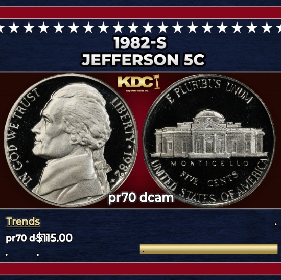 1982-s Proof Jefferson Nickel 5c pr70 dcam SEGS