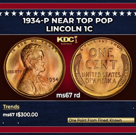 1934-p Lincoln Cent Near Top Pop 1c ms67 rd SEGS
