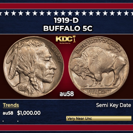 1919-d Buffalo Nickel 5c au58 SEGS