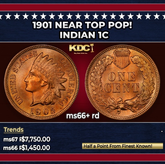 1901 Indian Cent Near Top Pop! 1c ms66+ rd SEGS