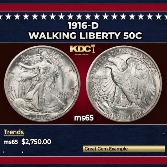 1916-d Walking Liberty Half Dollar 50c ms65 SEGS