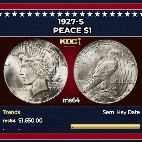 1927-s Peace Dollar $1 ms64 SEGS