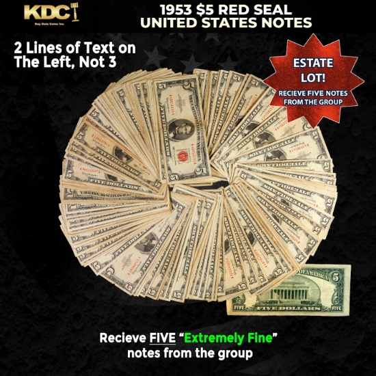 5x 1953 $5 Red Seal United States Note Grades XF