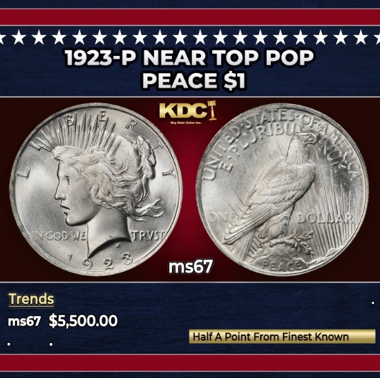 1923-p Peace Dollar Near Top Pop $1 ms67 SEGS
