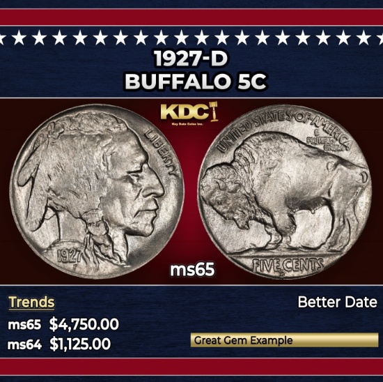 1927-d Buffalo Nickel 5c ms65 SEGS