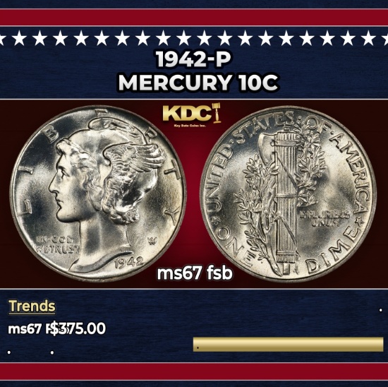 1942-p Mercury Dime 10c ms67 fsb SEGS