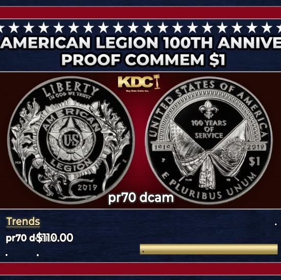 2019-p American Legion Proof Modern Commem Dollar 100th Anniversary $1 pr70 dcam SEGS