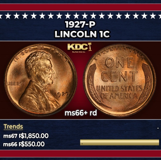 1927-p Lincoln Cent 1c ms66+ rd SEGS