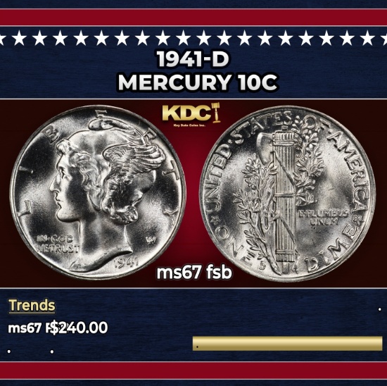 1941-d Mercury Dime 10c ms67 fsb SEGS