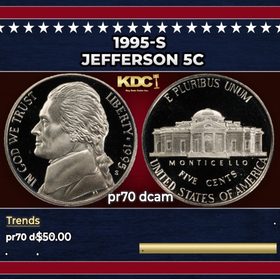 1995-s Proof Jefferson Nickel 5c pr70 dcam SEGS