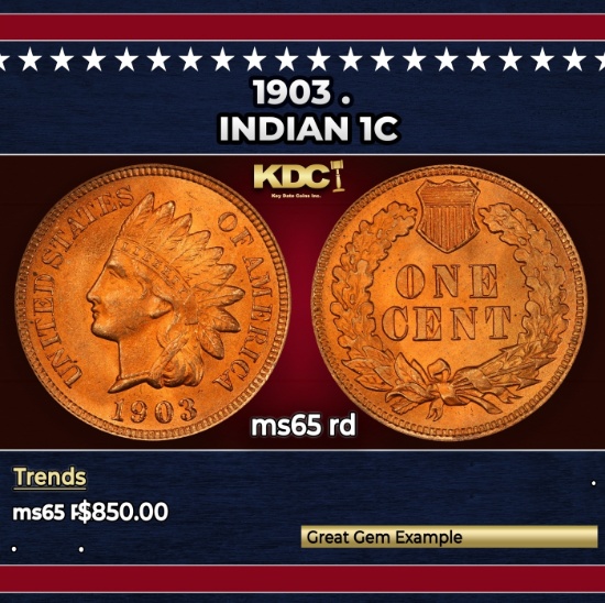 1903 Indian Cent . 1c Grades ms65 rd