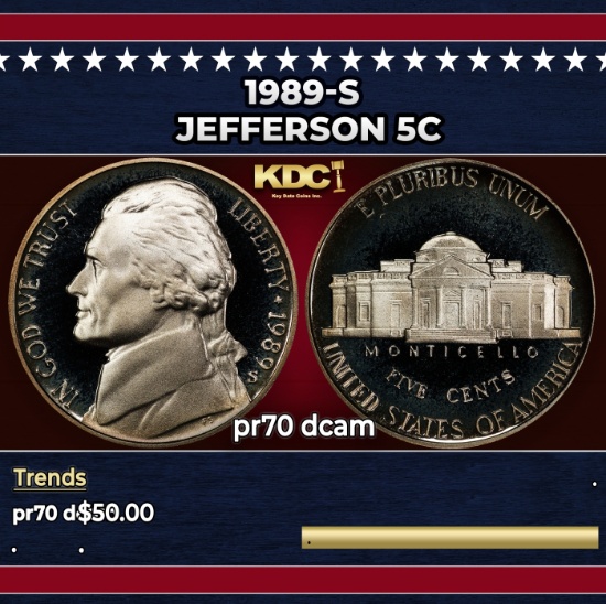 1989-s Proof Jefferson Nickel 5c pr70 dcam SEGS