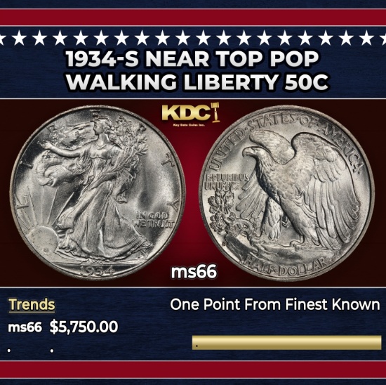 1934-s Walking Liberty Half Dollar Near Top Pop 50c ms66 SEGS