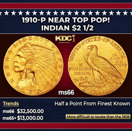 1910-p Gold Indian Quarter Eagle Near Top Pop! $2 1/2 ms66 USCG