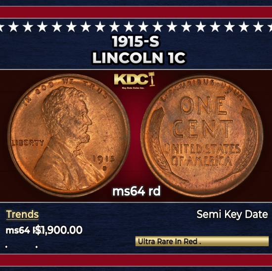 1915-s Lincoln Cent 1c ms64 rd SEGS
