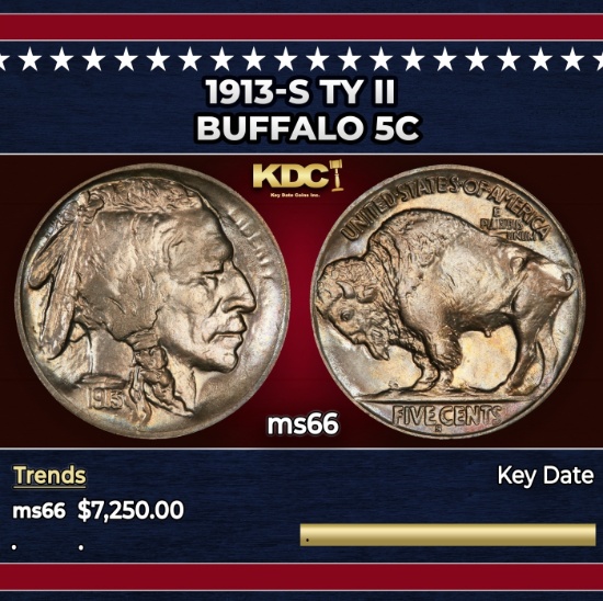 1913-s Ty II Buffalo Nickel 5c ms66 SEGS