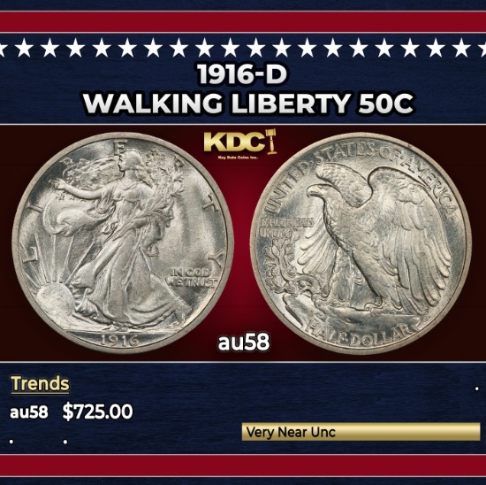 1916-d Walking Liberty Half Dollar 50c Grades au58