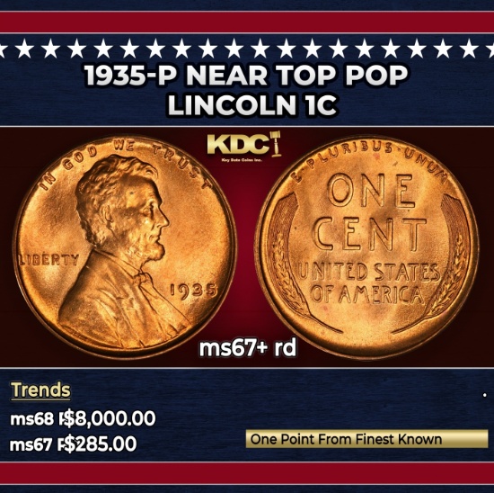 1935-p Lincoln Cent Near Top Pop 1c ms67+ rd SEGS