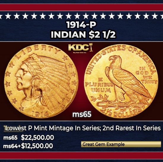 1914-p Gold Indian Quarter Eagle $2 1/2 ms65 SEGS