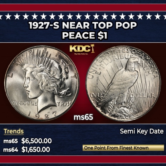 1927-s Peace Dollar Near Top Pop $1 ms65 SEGS