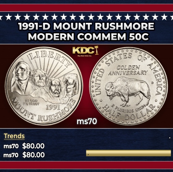 1991-d Mount Rushmore Modern Commem Half Dollar 50c ms70 SEGS