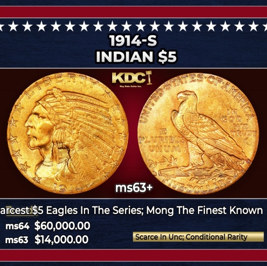 1914-s Gold Indian Half Eagle $5 ms63+ USCG