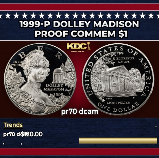 1999-P Dolley Madison Proof Modern Commem Dollar $1 pr70 dcam SEGS