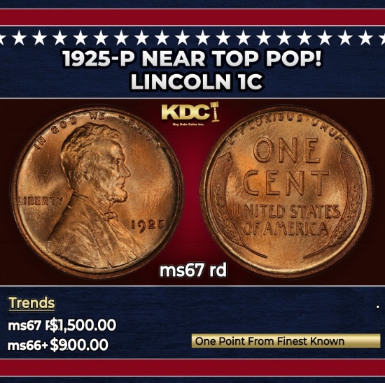 1925-p Lincoln Cent Near Top Pop! 1c ms67 rd SEGS