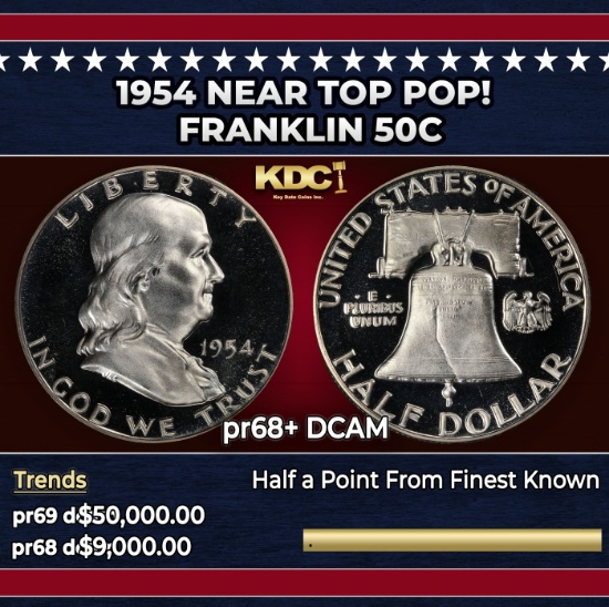 1954 Proof Franklin Half Dollar Near Top Pop! 50c pr68+ DCAM SEGS