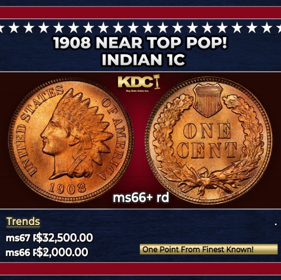 1908 Indian Cent Near Top Pop! 1c ms66+ rd SEGS