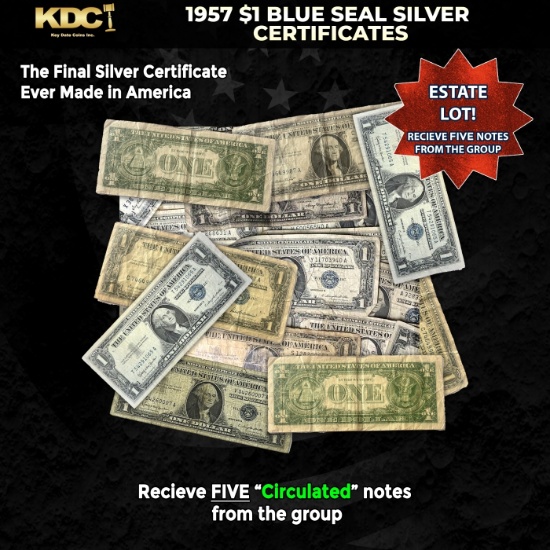 5x 1957 $1 Blue Seal Silver Certificates Circulated