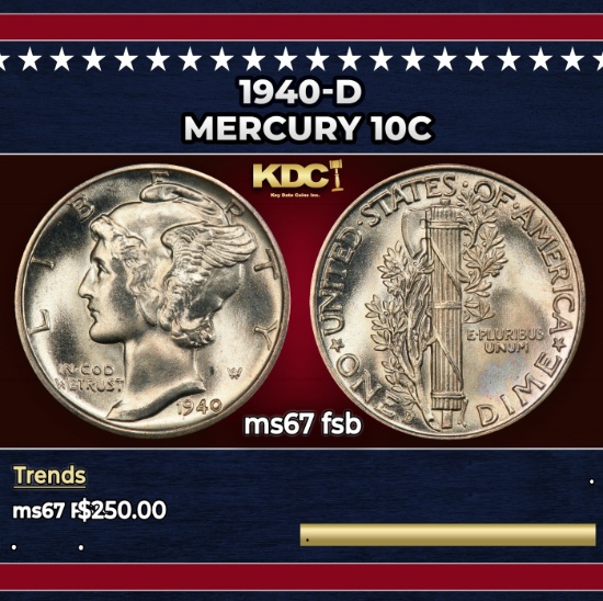 1940-d Mercury Dime 10c ms67 fsb SEGS