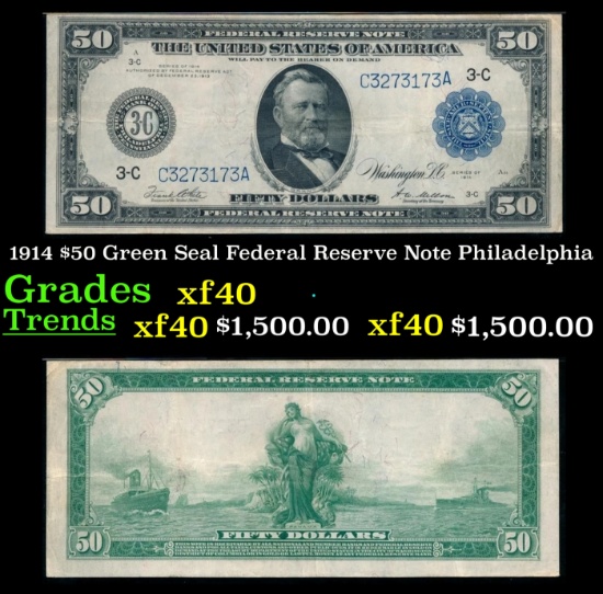 1914 $50 Green Seal Federal Reserve Note Grades xf Philadelphia