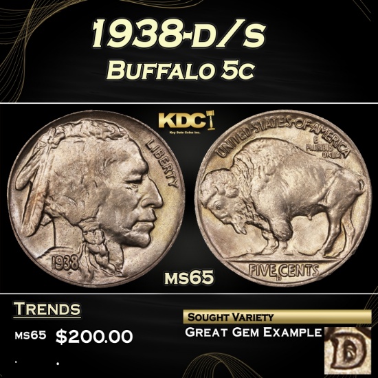 1938-d/s Buffalo Nickel 5c Grades ms65